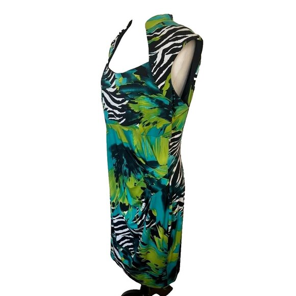 NWT FRANK LYMAN Dress Size 16 Colorful Green Blue Ruched Waist Stretchy Midi - Picture 4 of 7